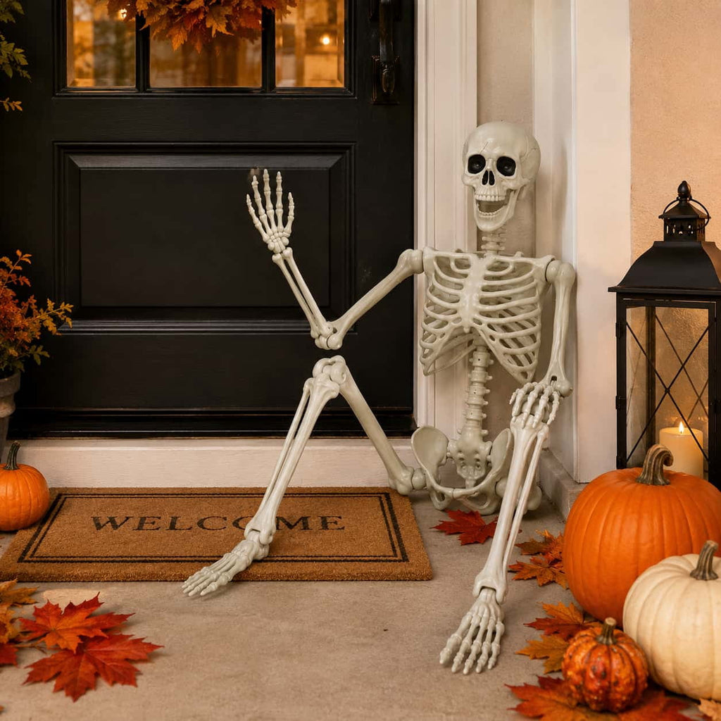 Valora Bella 5.4 FT Skeleton Halloween Decoration Outdoor Indoor - Life Size Poseable Full Body Skeleton Prop with Movable Joints Realistic Skull - Halloween Decor for Haunted House Porch Party Yard