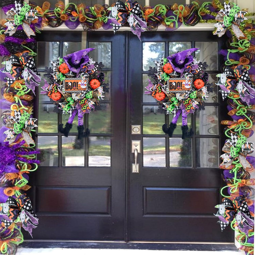 Halloween Wreath for Front Door,20 inch Whimsical mesh Wreath with Witch | Fun whimsical witch design,purple‑green‑orange palette,outdoor porch,wall & indoor decor,festive Halloween home decoration