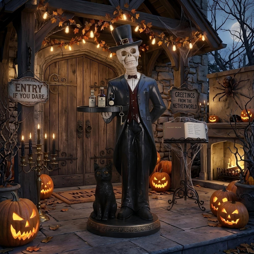 Aukfa Halloween Skeleton Butler Floor Statue with Serving Tray and Black Cat, Gothic Skeleton Decor for Entryway, Party and Home Decoration