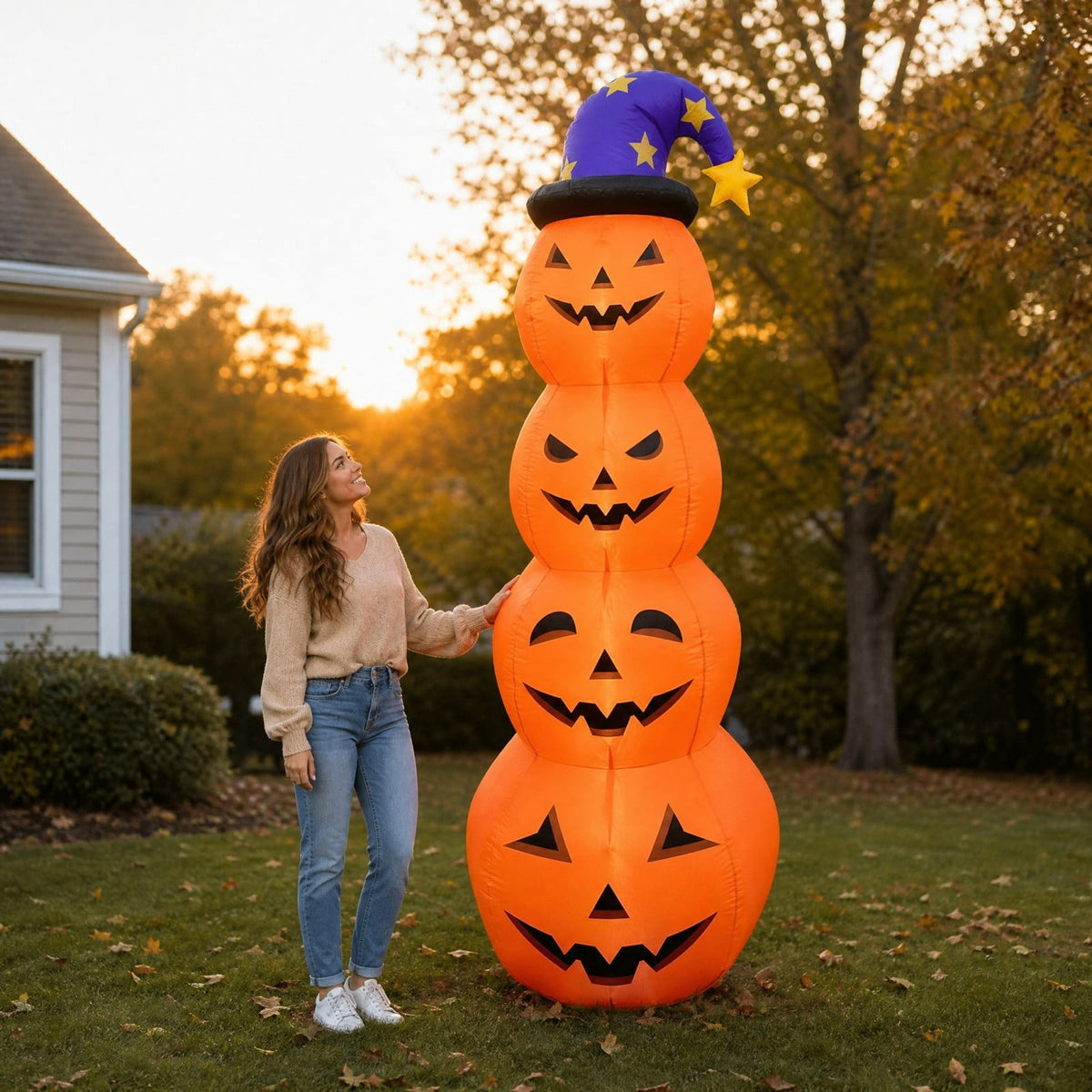 8FT Halloween Inflatable Pumpkin Decoration, Stacked Pumpkin Tower with Wizard Hat and LED Lights, Waterproof Outdoor Yard Blow Up Decor for Front Porch Garden Party Haunted House Display