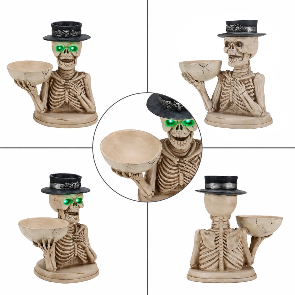 Halloween Skeleton Butler Floor Statue with Serving Tray & Black Cat, Resin Gothic Home Decor for Entryway Porch Living Room