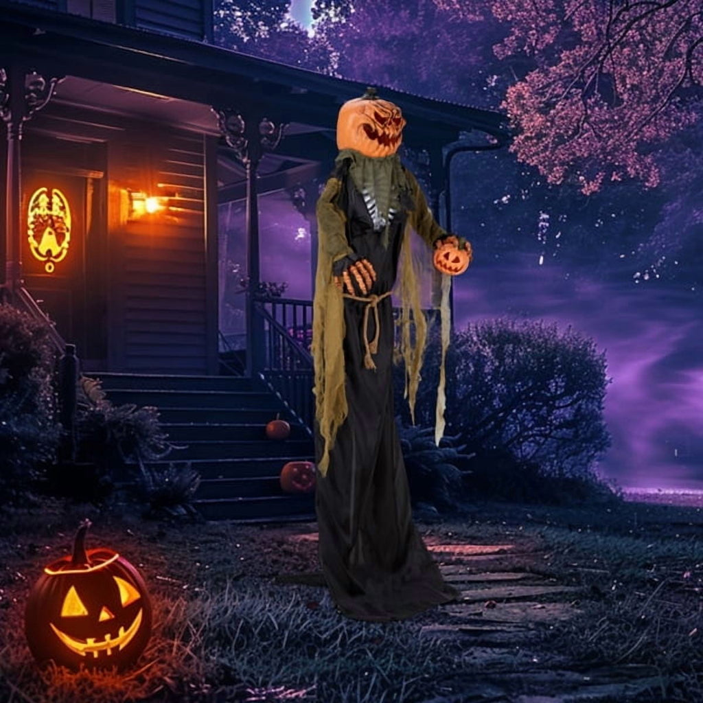 Alvantor Halloween Animated Decorations - 7 FT Sensor-Activated Animatronic Pumpkin Man with LED Eyes, 4 Creepy Phrases and Swaying Motion