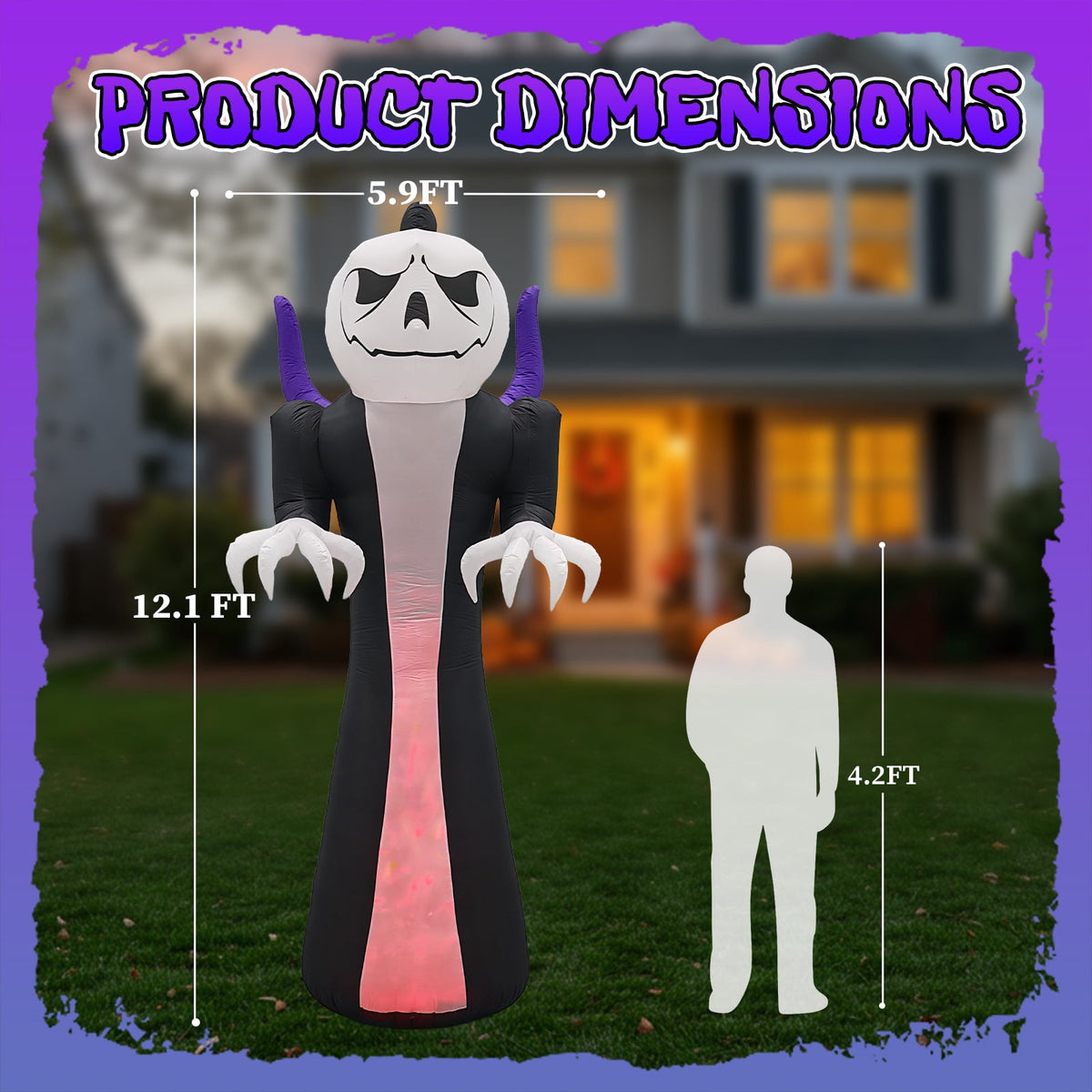 12ft Giant Halloween Inflatable Grim Reaper with Pumpkin Head and 3 Color LED Flame Decor