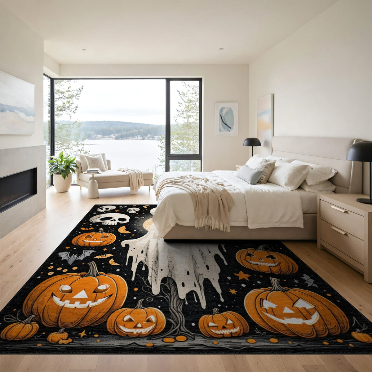 ODIKA Halloween Ghost Pumpkin Bat Skull Welcome Doormat Fiber Door for Dorm Room, Small Living Apartment, Stain Resistant Low Profile