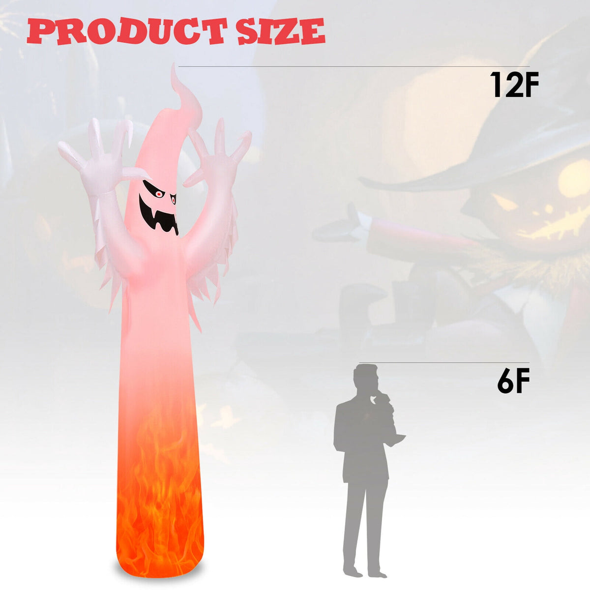 Gymax Ghost Blow Up Halloween Yard Inflatable, with Built-in Flame Light 12'
