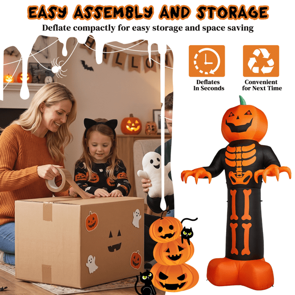 COTINSE 12 FT Halloween Inflatable Grim Reaper with Skeleton Ribs and Pumpkin, 3 LEDs and 115 String Lights, Outdoor Yard Decor