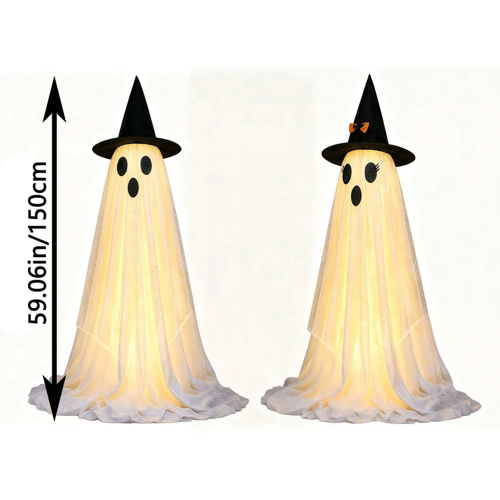 2 Pack Light Up Standing Tulle Ghost Halloween Decorations with Witch Hat, Warm LED Fairy Light Ghost Yard Stakes, Spooky Cute Ghost Outdoor Lawn Porch Mantel Home Halloween Party Decor
