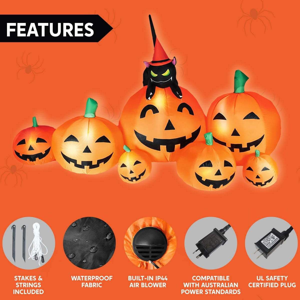 7 FT Halloween Inflatable 7 Pumpkins with Witch Cat LED Outdoor Yard Decoration