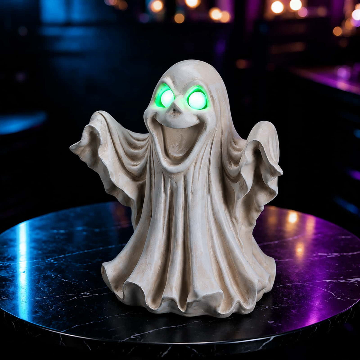 Halloween Ghost Statue with LED Glowing Eyes, Resin Ghost Figurine Tabletop Decor for Indoor Home, Mantel, Shelf, Entryway and Halloween Party Display