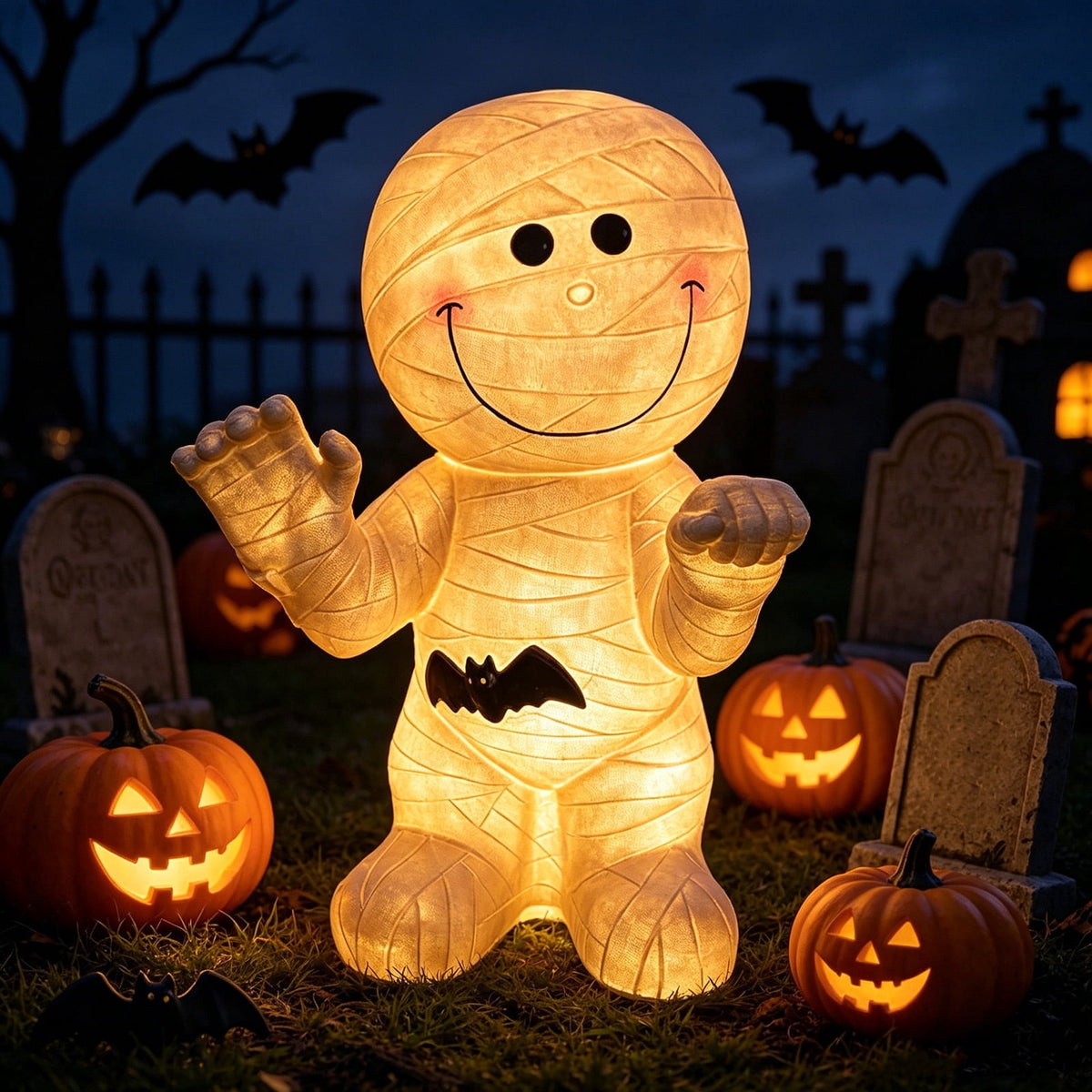 Cute Halloween Light-Up Mummy Blow Mold Decoration, Happy Smiling Mummy Statue with Black Bat, Corded Electric Glowing Tabletop Night Light Figurine for Indoor Holiday Porch Decor