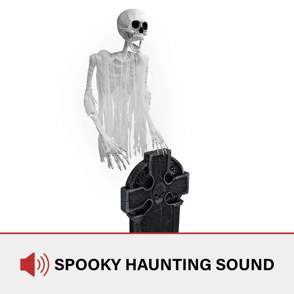 Haunted Hill Farm 5.8-Ft. Motion-Activated Floating Skeleton Ghost Over Tombstone by Tekky, Premium Halloween Animatronic, Battery Operated