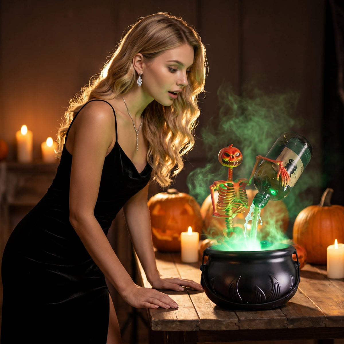 Halloween Witch Cauldron Fogger with LED Light, Floating Potion Bottle and Skeleton Figurine, USB Mist Maker Tabletop Party Prop for Indoor Home Decor and Haunted House Display