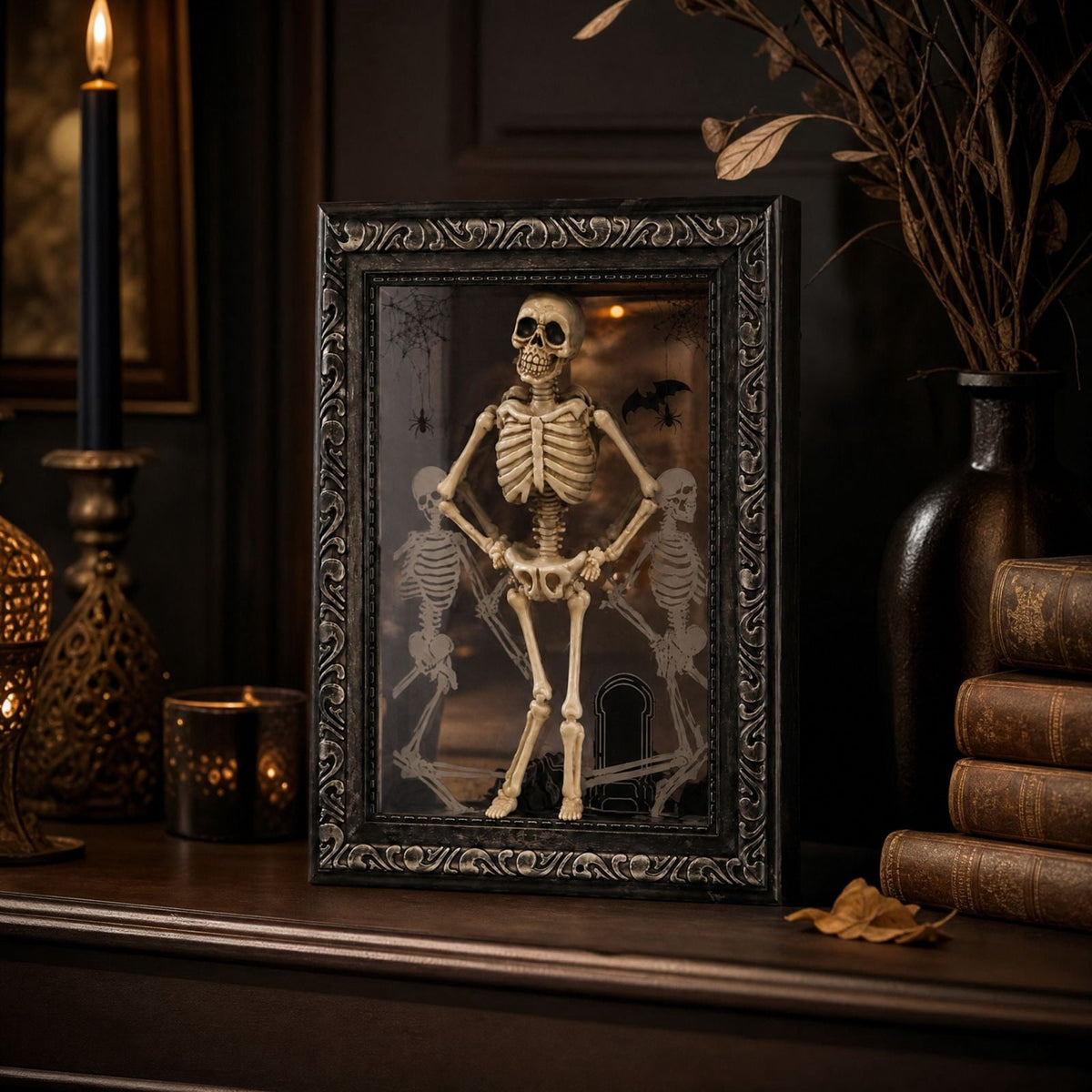 Gothic Dancing Skeleton Picture Frame LED Light Up 11.8 x 7.8in Halloween Table Accent Resin Spooky Figurine Decor for Party Desk Mantle