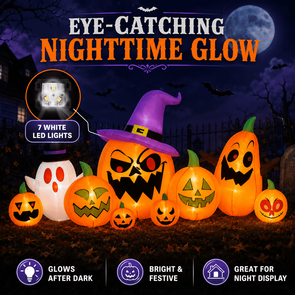 7.9 FT Halloween Inflatable Pumpkin & Ghost Yard Decoration, Pumpkins with Witch Hat, 7 LED Lights, Outdoor Blow Up Decor