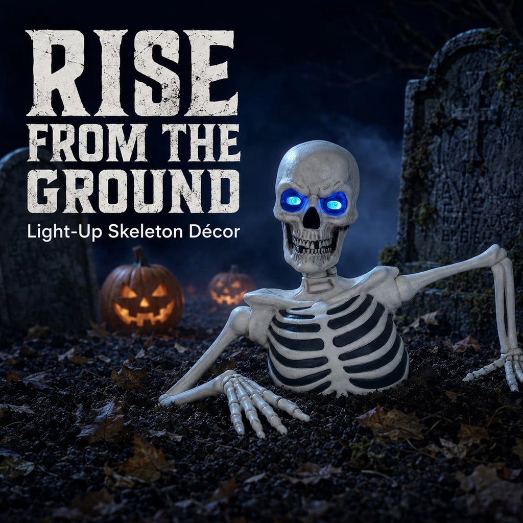Halloween Giant Ground Breaking Skeleton with LCD Moving Eyes Halloween Dynamic Skeleton Decor Light-Up Ground Breaking Skeleton Scary Skull Stakes for Garden Lawn Holiday Decor