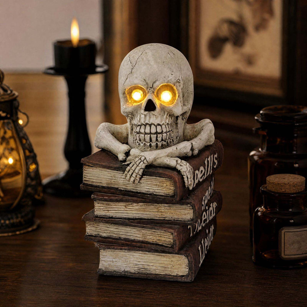 Halloween Light Up Skull Decoration Glowing Eyes Skeleton Figurine on Spell Books, Spooky Creepy Statue for Home Party Tabletop Decor