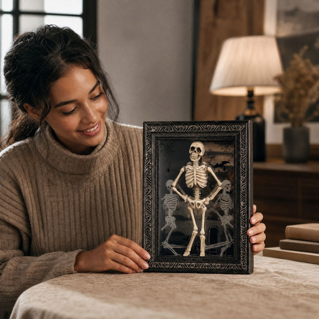Gothic Dancing Skeleton Picture Frame LED Light Up 11.8 x 7.8in Halloween Table Accent Resin Spooky Figurine Decor for Party Desk Mantle