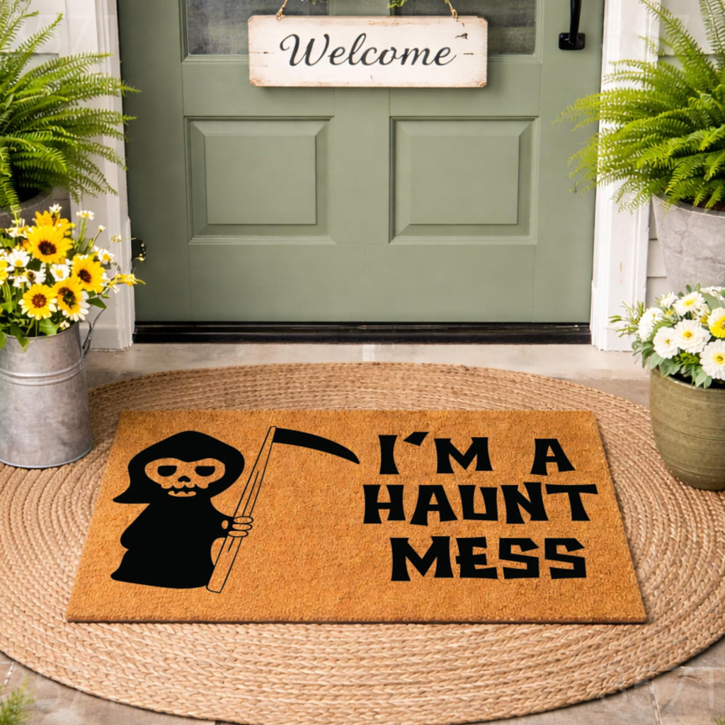 I'm A Haunt Mess Doormat, Grim Reaper Scythe Design, Funny Welcome Mat, Front Door Entryway Decor, Halloween Porch Mat 3571 (36x72 inches) 3571