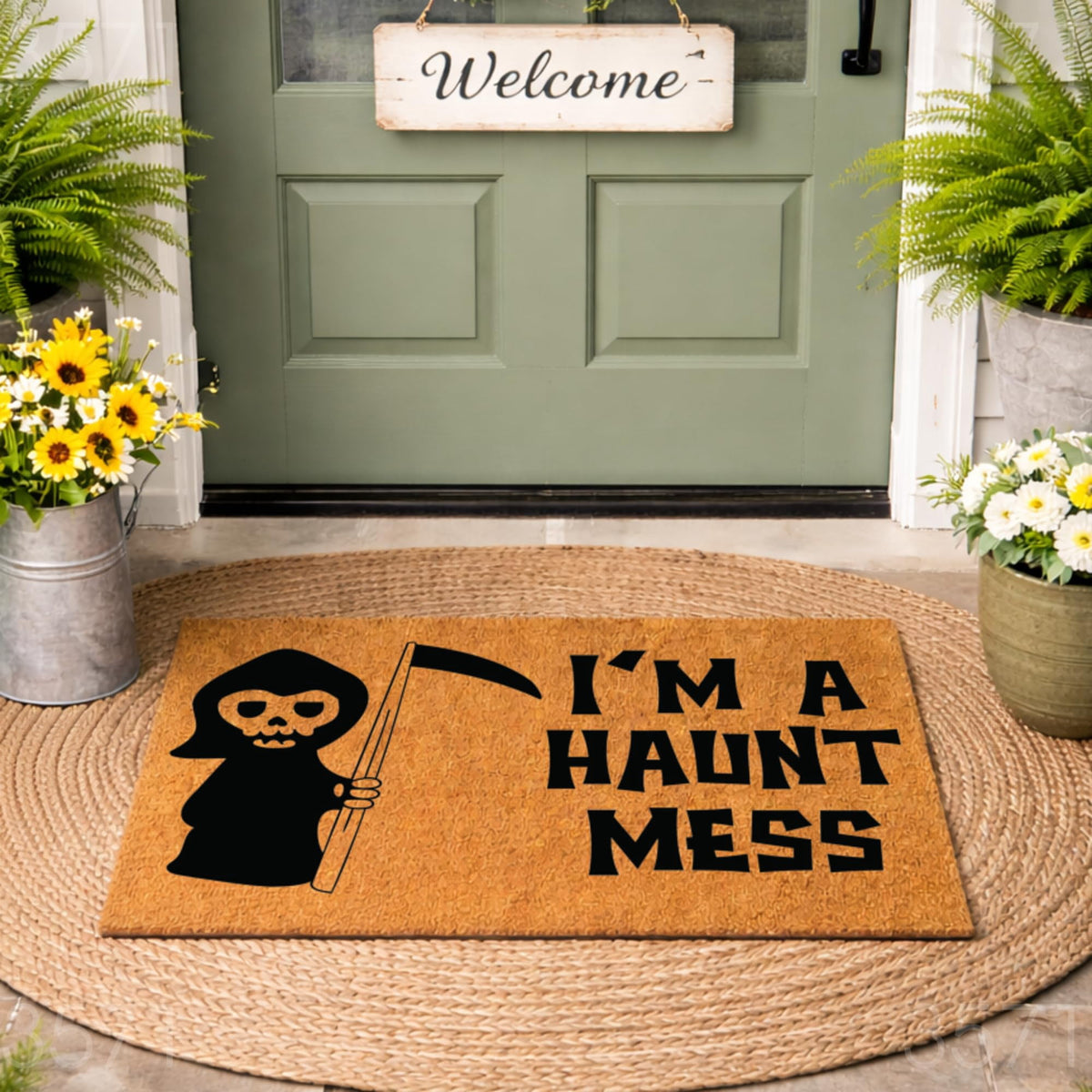 I'm A Haunt Mess Doormat, Grim Reaper Scythe Design, Funny Welcome Mat, Front Door Entryway Decor, Halloween Porch Mat 3571 (36x72 inches) 3571