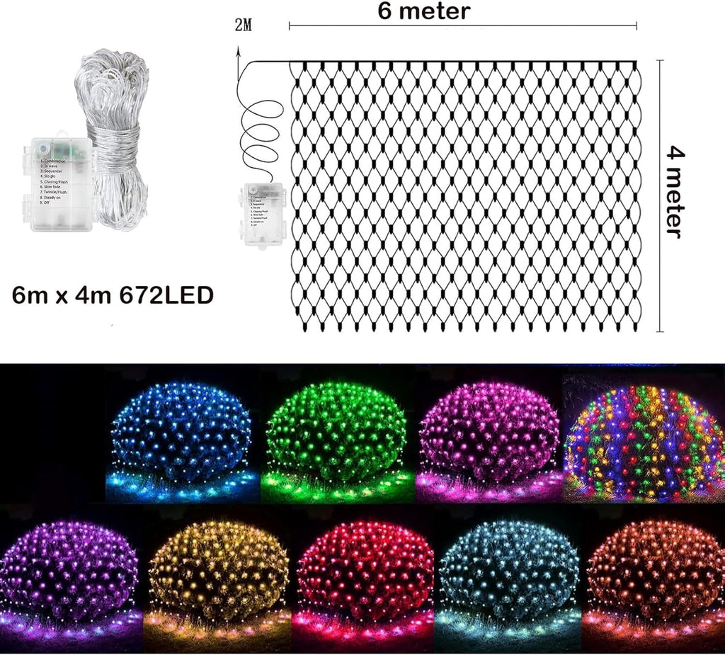 Garden Net Lights Battery Operated 4x6M 672LED Waterproof Net Mesh String Lights 8 Modes Fairy Lights for Indoor Outdoor Christmas Tree Bush Garden Backyard Décor