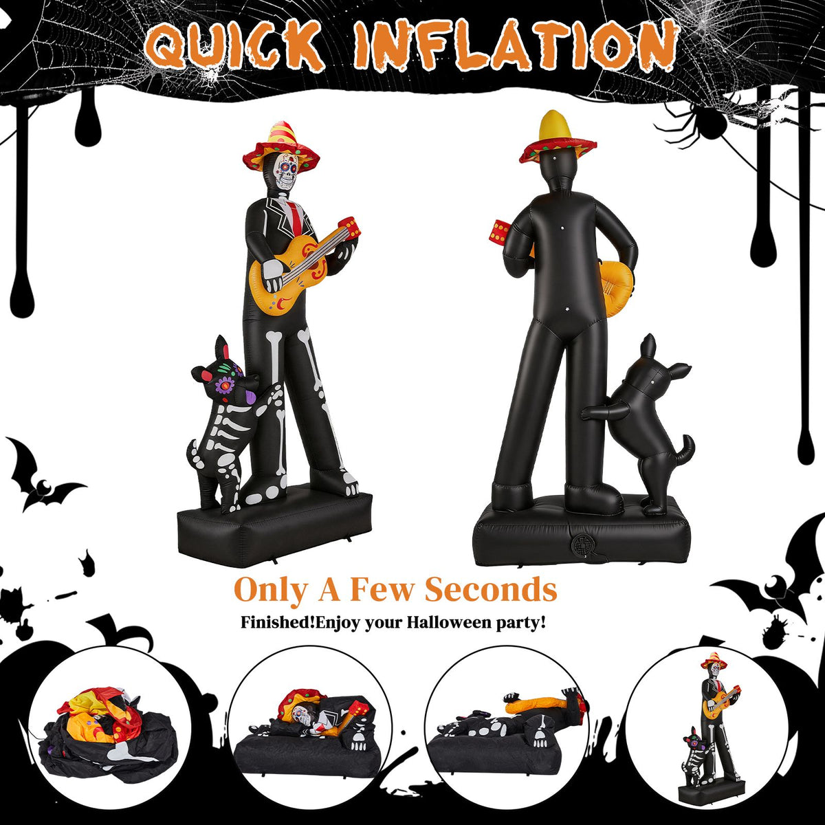 7.3FT Inflatable Ghost Musician with Puppet 6 LED Lights Black Orange Halloween Yard Decor