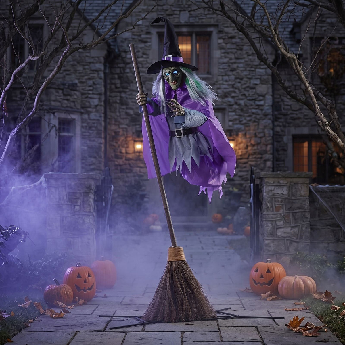 Clearance Halloween Flying Witch Prop, 6 Ft Cloth Broomstick Witch with Glowing Eyes and Sound Activated Effects, Spooky Garden Porch Yard Party Decor