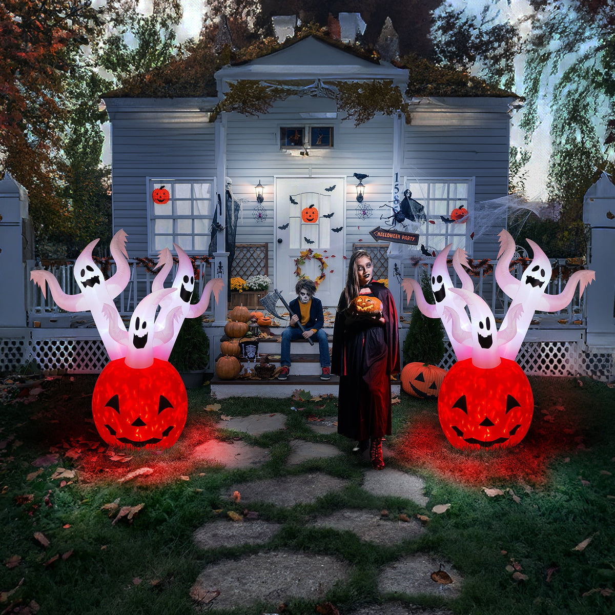 5.9ft Halloween Inflatable Pumpkin Ghost with LED Lights Scary Blow Up Yard Decor 1 Pack Set
