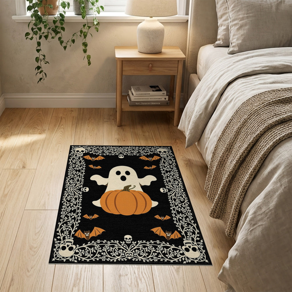ODIKA Retro Halloween Welcome Featuring Ghosts Pumpkins Bats Skulls Non-Slip Flatwoven for Living Room, Under Sectional, Family
