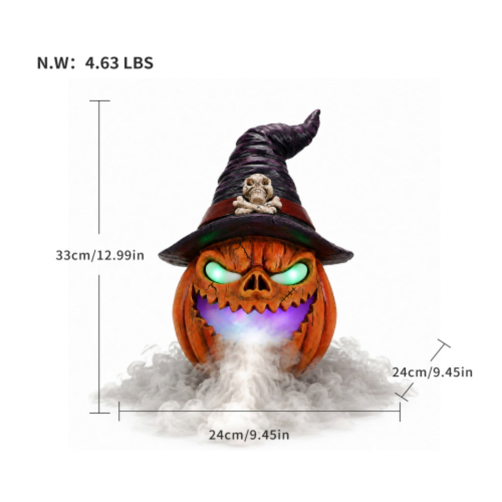SpookHaven Halloween Jack‑O‑Lantern Pumpkin Mist Sprayer Figurine, LED Light‑Up Fogger with Witch Hat & Skull Decoration, Spooky Ornament for Tabletop Entryway Halloween Party Home Decor