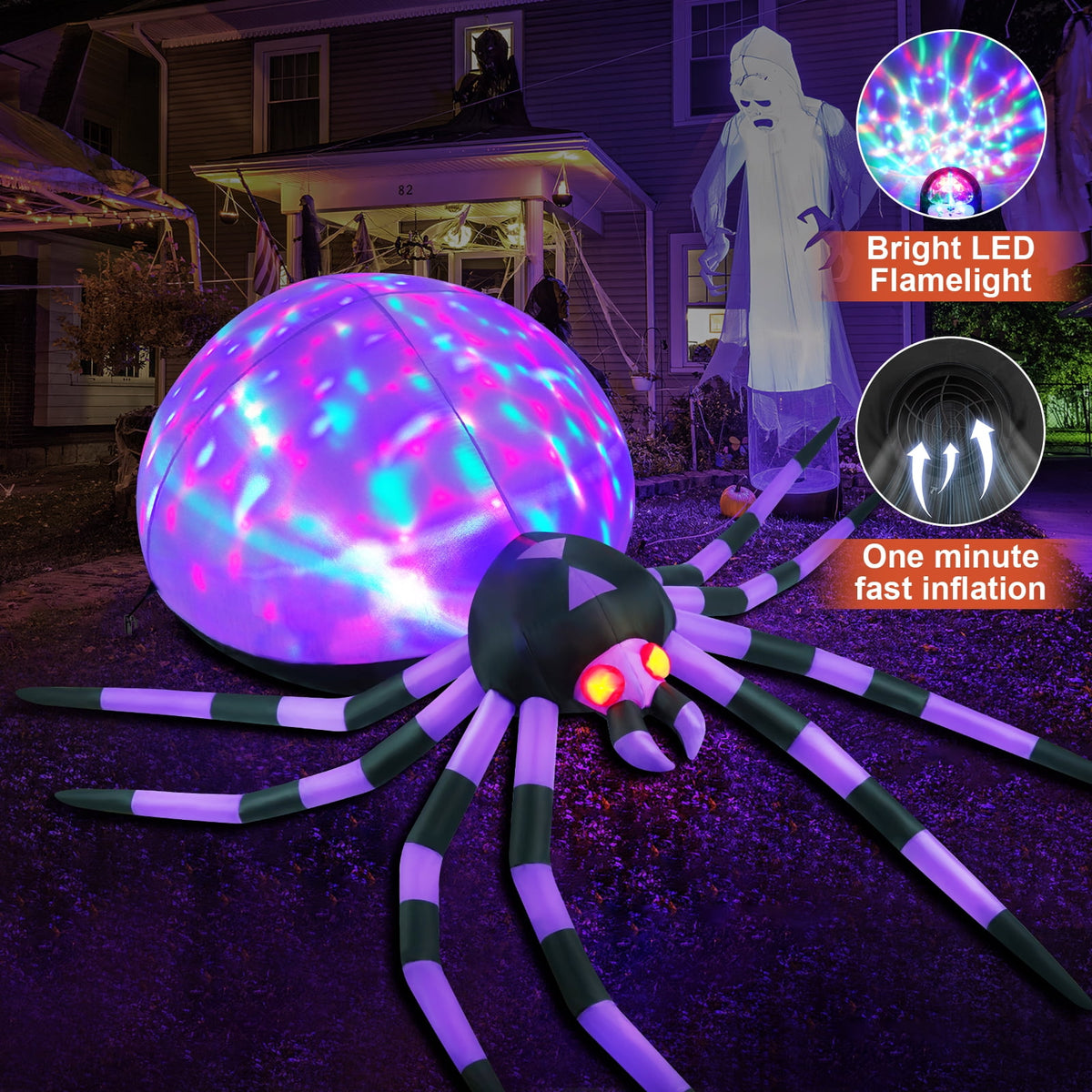 Yexmas 12FT Halloween Inflatables Outdoor Decorations Giant Spider Decorations with LED Lights and Air Pump Blow up Inflatable Green