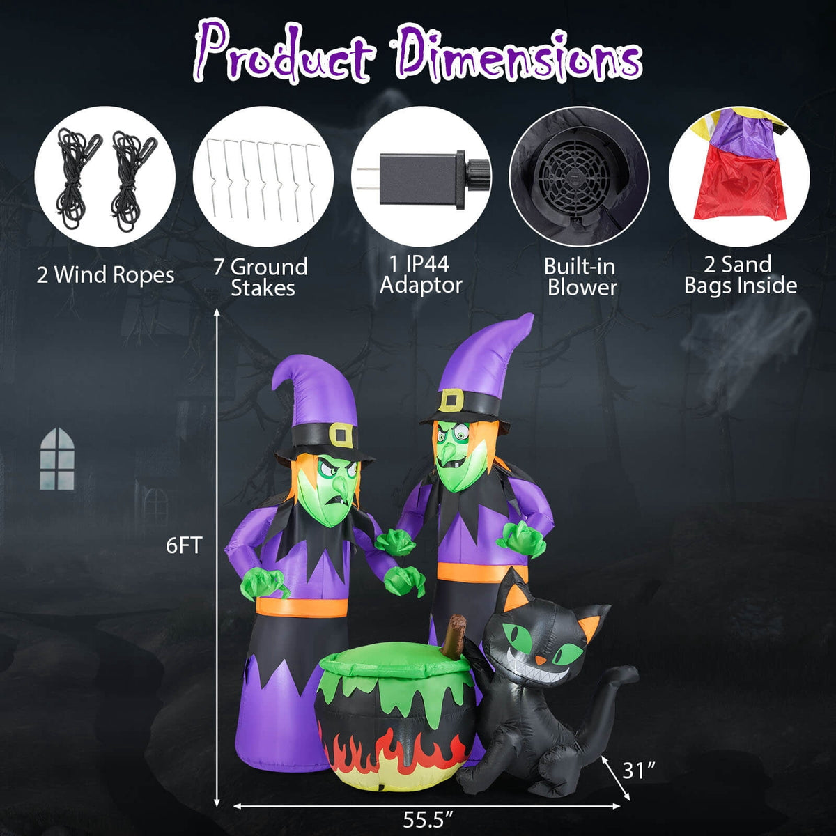 Costway 6 Ft Inflatable Halloween Witches Blow up 2 Scary Witch with Cauldron & Black Cat