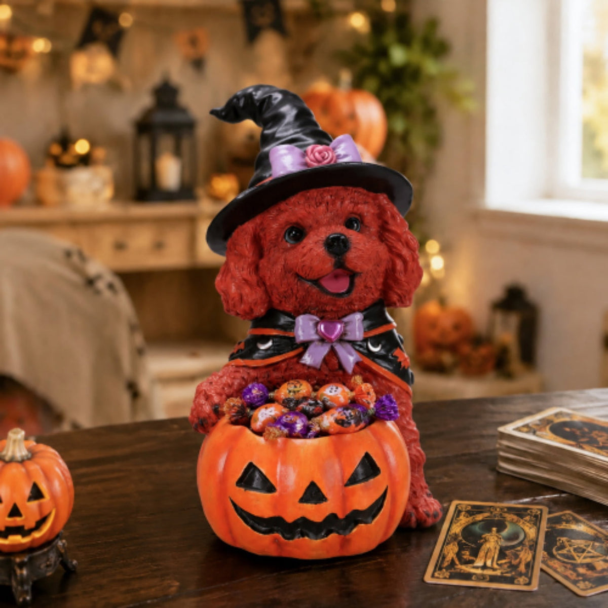 SpookHaven Halloween Jack‑O‑Lantern Pumpkin Mist Sprayer Figurine, LED Light‑Up Fogger with Witch Hat & Skull Decoration, Spooky Ornament for Tabletop Entryway Halloween Party Home Decor