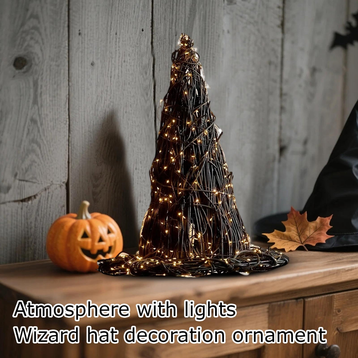 1PC Halloween Rattan Witch Hat Decor with String Lights, Cottagecore Halloween Wicker Wizard Hats Woven Witch Hat, Chic Halloween Party Supplies Home Bedroom Garden Patio Backyard Decoration