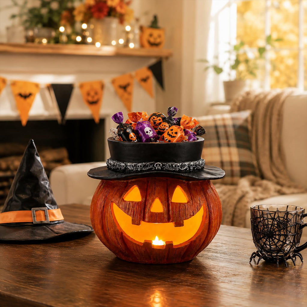 Halloween Ghost Statue with LED Glowing Eyes, Resin Ghost Figurine Tabletop Decor for Indoor Home, Mantel, Shelf, Entryway and Halloween Party Display