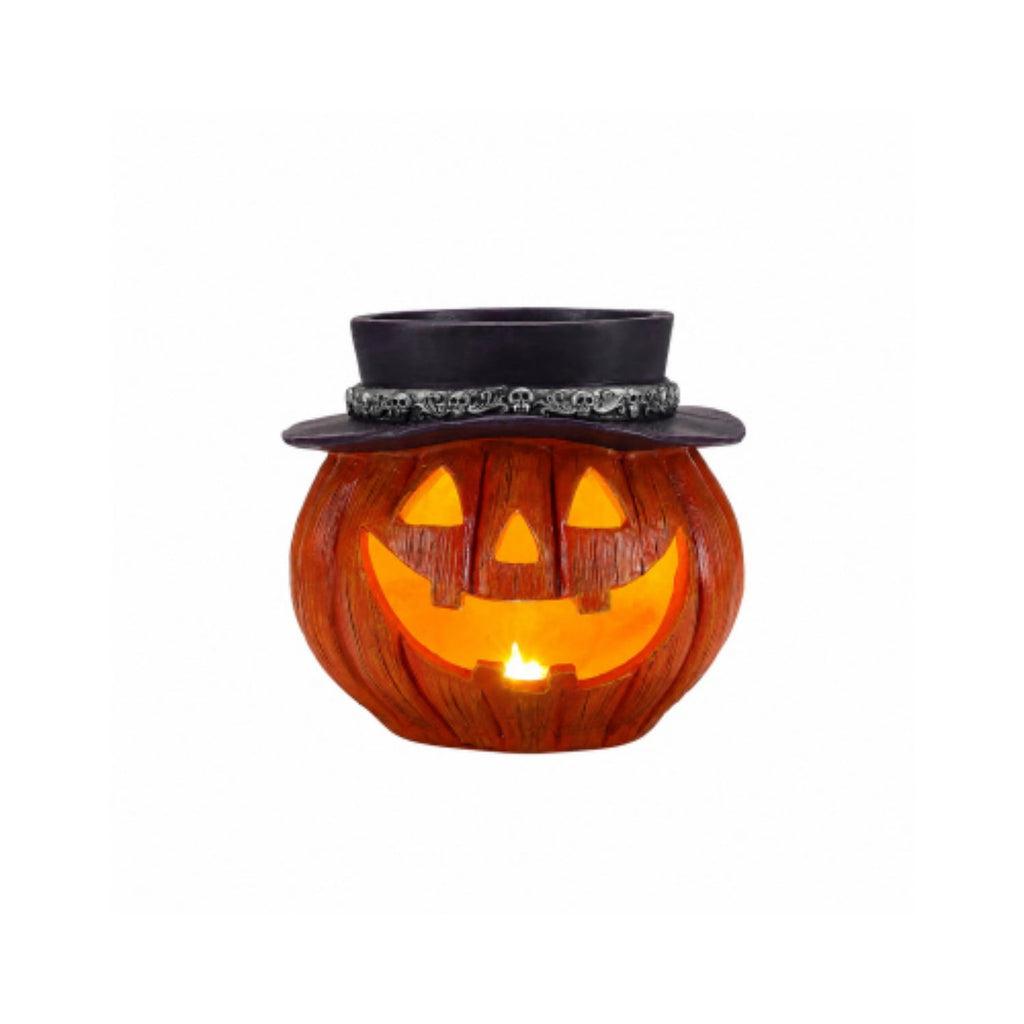 SpookHaven Halloween Jack‑O‑Lantern Pumpkin Mist Sprayer Figurine, LED Light‑Up Fogger with Witch Hat & Skull Decoration, Spooky Ornament for Tabletop Entryway Halloween Party Home Decor