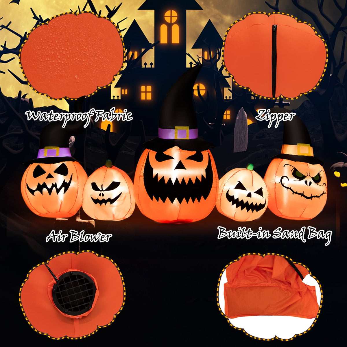 Patiojoy Long Inflatable Pumpkin Family Waterproof Halloween Yard Decoration with Built-in LED Lights Indoor & Outdoor Halloween Decor
