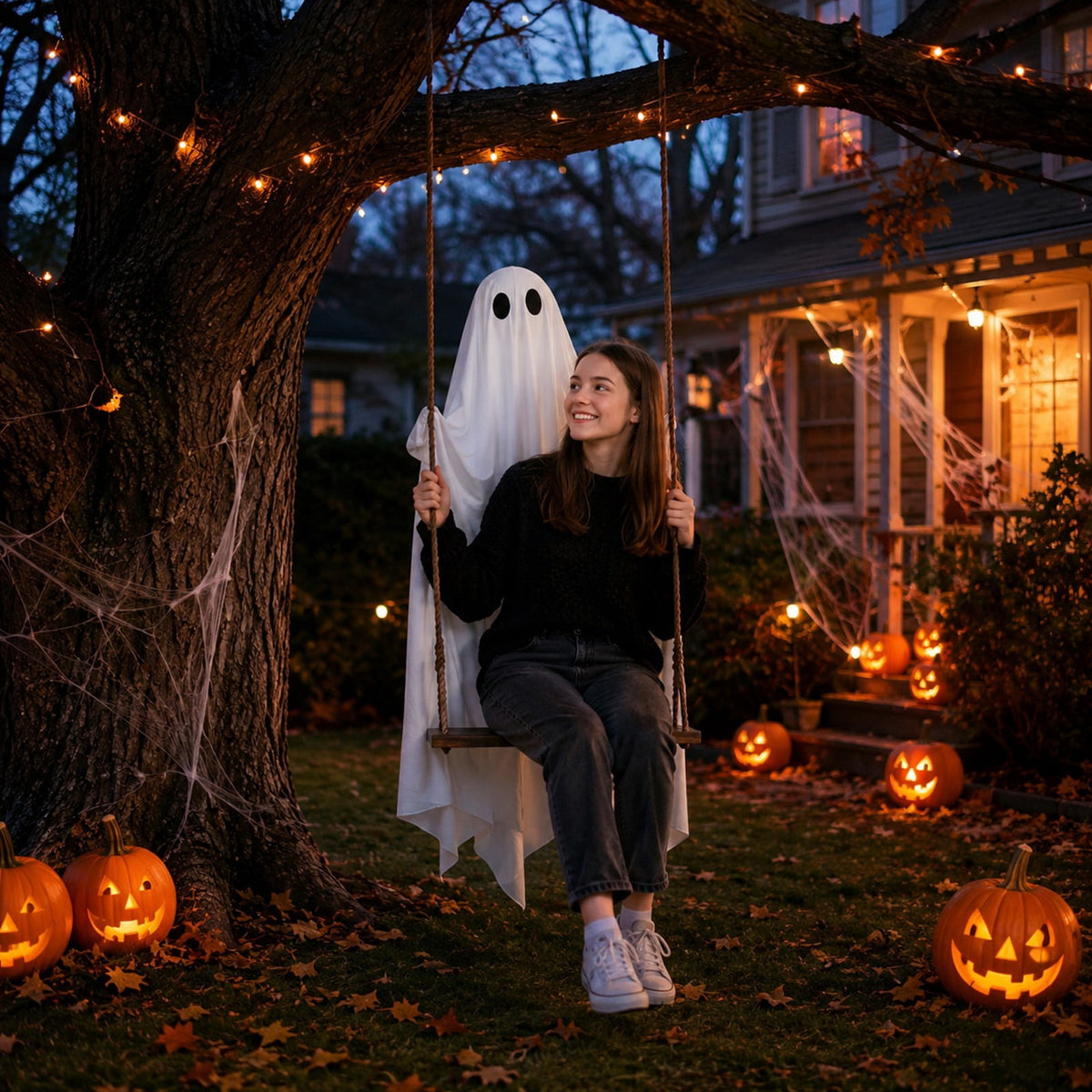 6FT Halloween Hanging Swing Ghost with Remote Control and Lights, People Can Sit On, Halloween Decorations Outdoor, Scary Ghost Halloween Party Decor Outside for Tree Porch Yard Garden Lawn