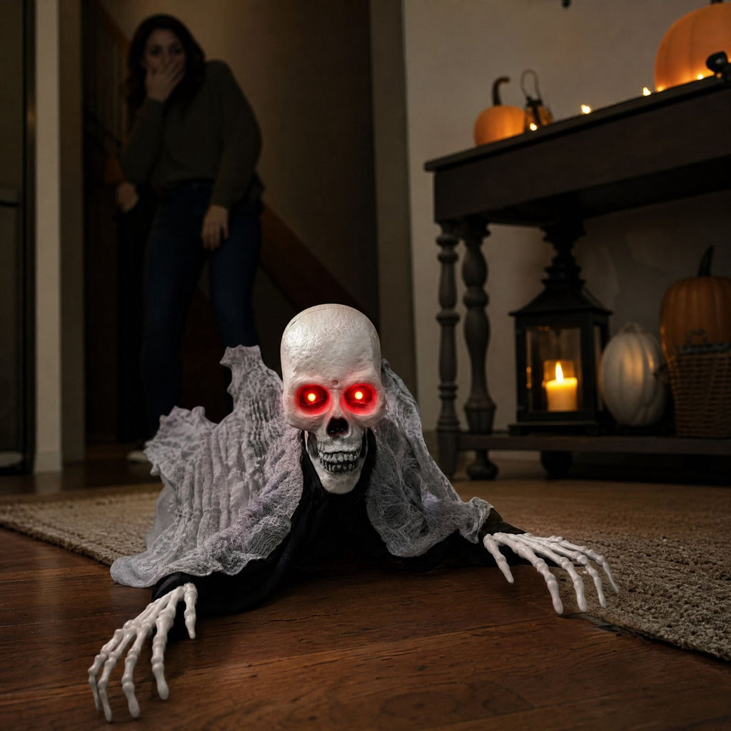 Sound Activated Crawling Skeleton Prop 90 cm, Halloween Moving Head and Hands with Glowing Red Eyes and Sounds, Battery Operated Indoor Outdoor Decor