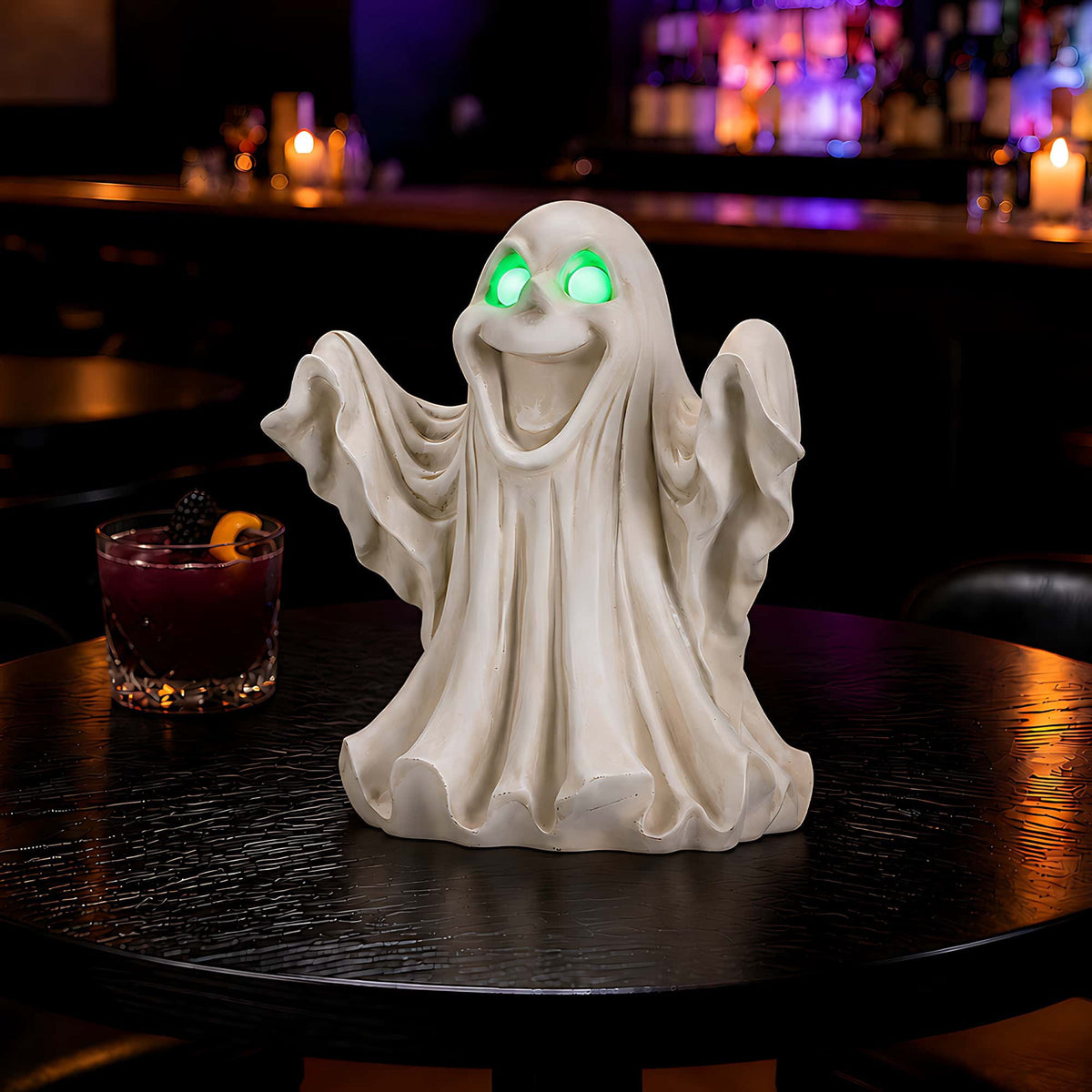 Halloween Ghost Statue with LED Glowing Eyes, Resin Ghost Figurine Tabletop Decor for Indoor Home, Mantel, Shelf, Entryway and Halloween Party Display