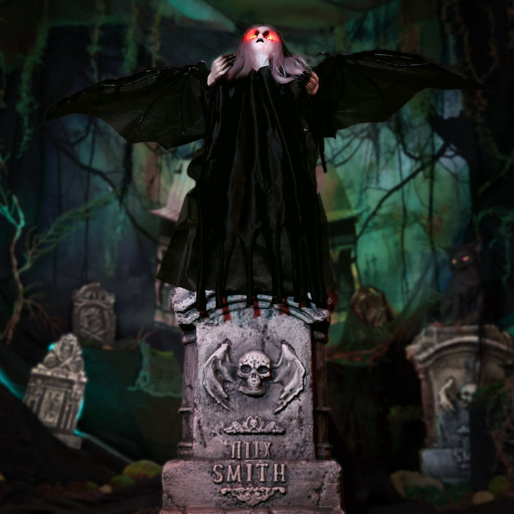 Haunted Hill Farm Red LED Battery Creepy Girl Tombstone with Wings Halloween Animatronic 3.1-Ft.