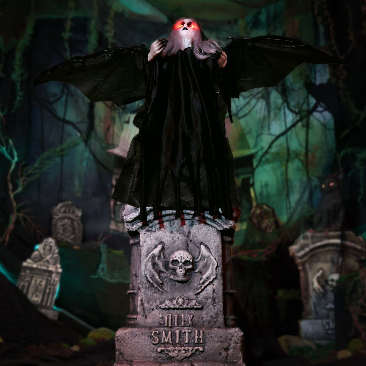 Haunted Hill Farm Red LED Battery Creepy Girl Tombstone with Wings Halloween Animatronic 3.1-Ft.