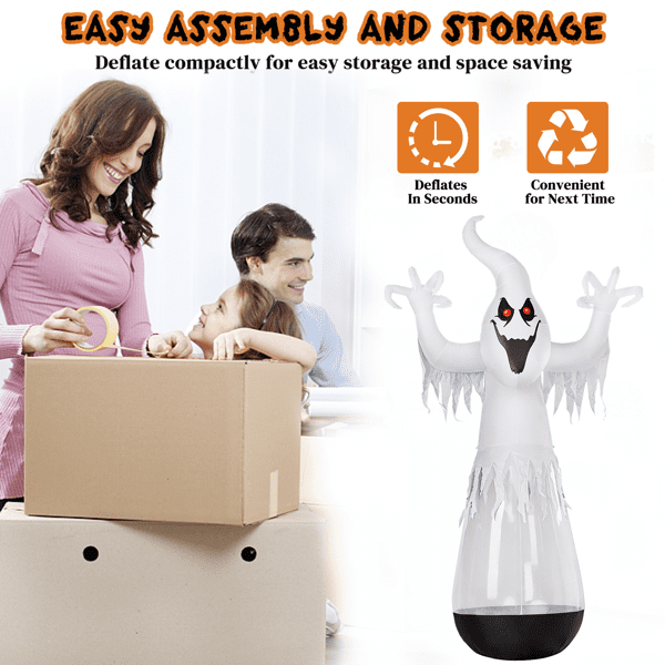 Alvantor 12 ft Clear PVC Ghost Halloween Inflatable with 2 LED Lights and Stage Light, Black and White
