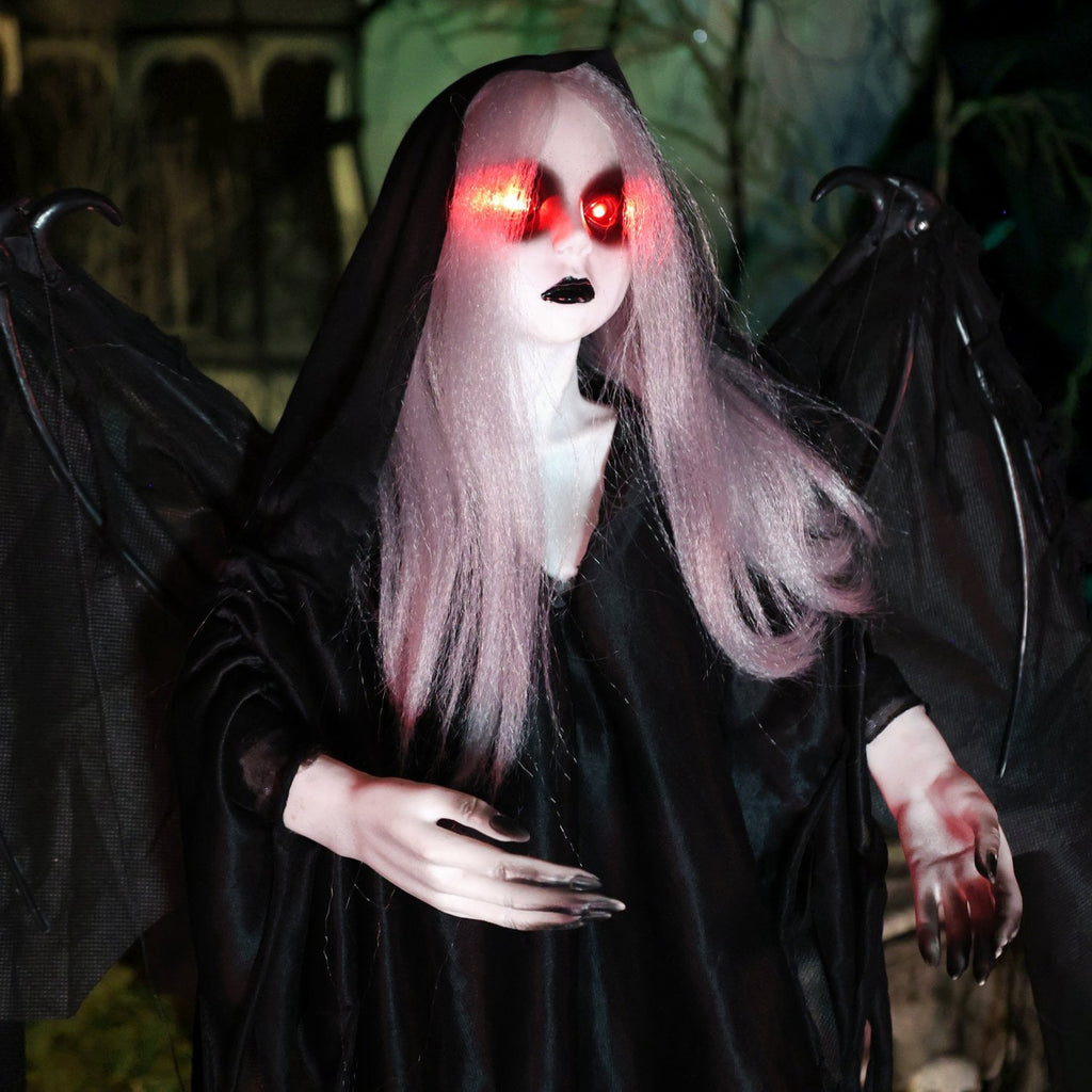 Haunted Hill Farm Red LED Battery Creepy Girl Tombstone with Wings Halloween Animatronic 3.1-Ft.
