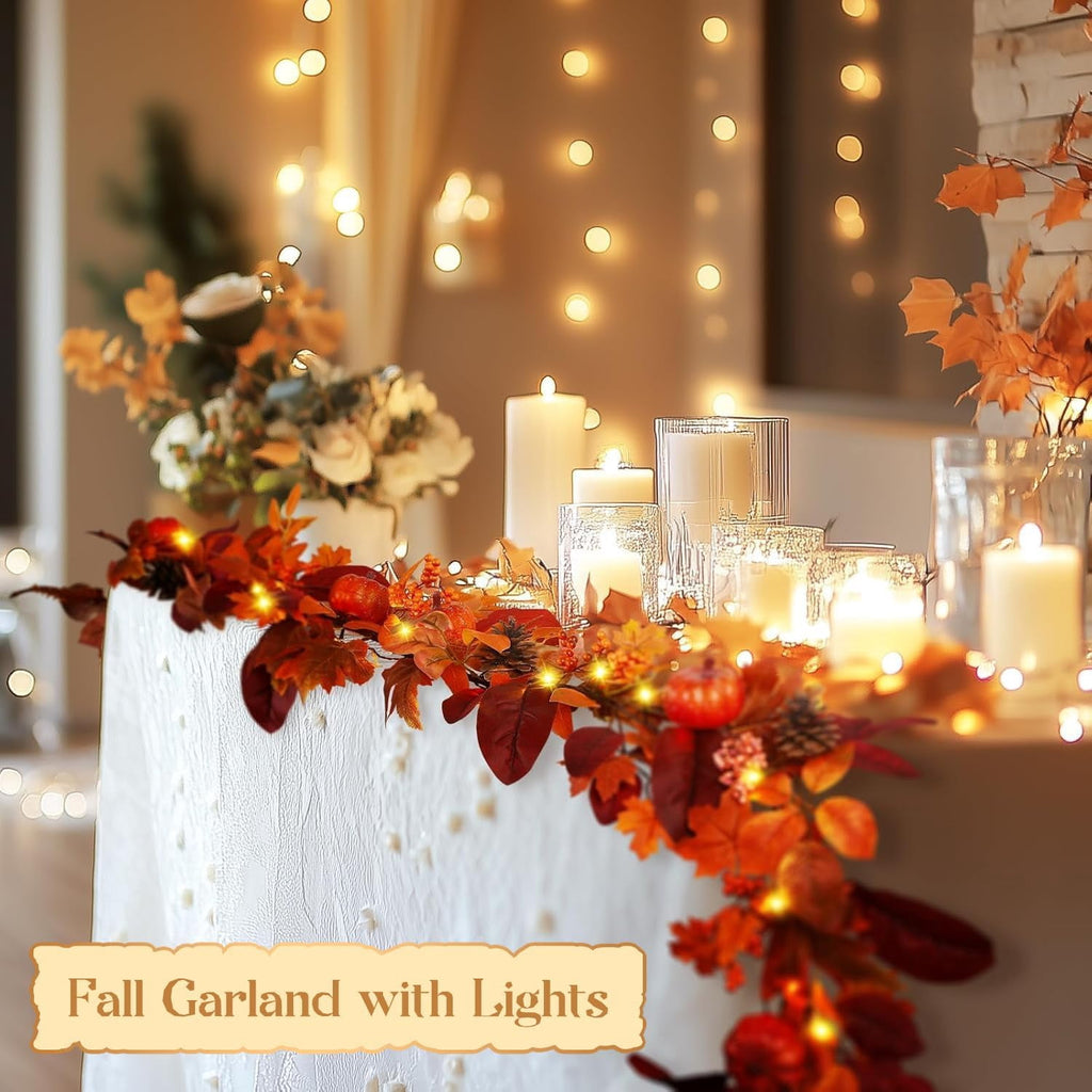 2 Packs 9ft Fall Garland with Lights and Timer for Mantle