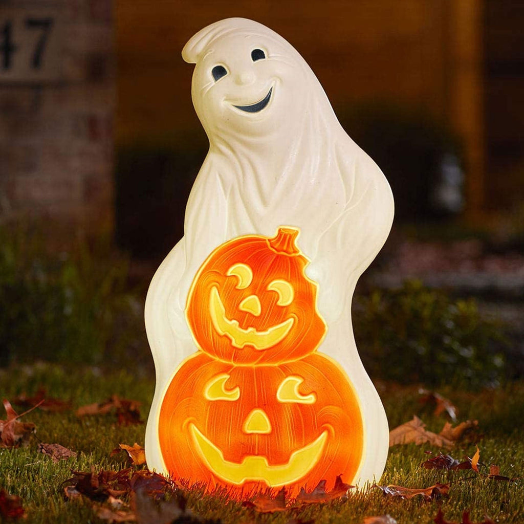 Union Products Light up Ghost and Pumpkin Halloween Decoration, Plastic, White/Orange (2 Pack)