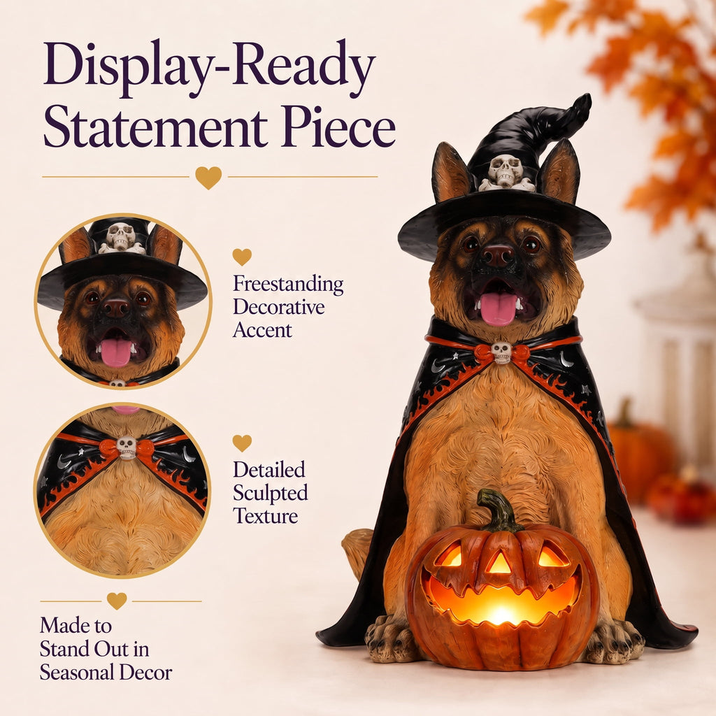 A7Store Halloween Golden Retrieve Dog Indoor Outdoor Porch Statue with Lighted Pumpkin, Pink Witch Hat and Cape