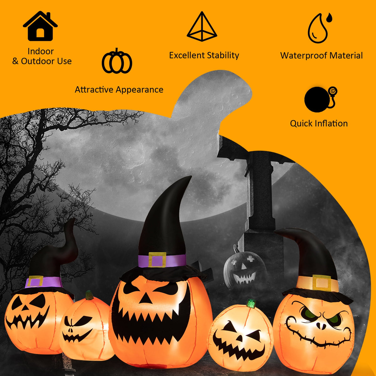 Gymax 4' Inflatable Halloween Pumpkin Yard Decoration w/Built-in LED Lights