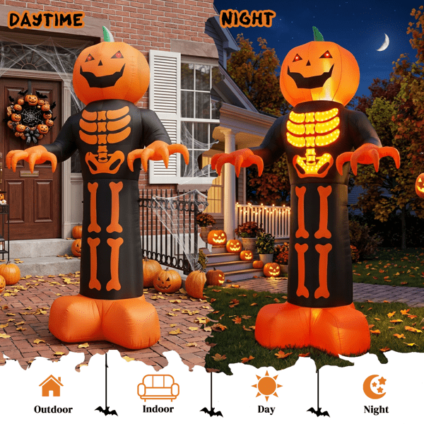 COTINSE 12 FT Halloween Inflatable Grim Reaper with Skeleton Ribs and Pumpkin, 3 LEDs and 115 String Lights, Outdoor Yard Decor