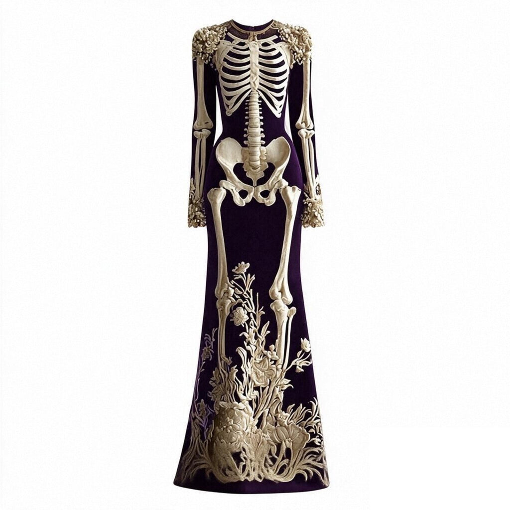 Women Halloween Skeleton Mermaid Dress, Velvet Long Sleeve Bodycon Gown with 3D Floral Appliques, Floor‑Trailing Gothic Costume for Party Cosplay L