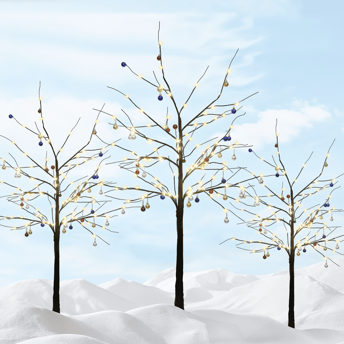 LinkRomat 3-Piece 4ft–6ft Pre-Lit Birch Christmas Tree Set with 200 LED Lights and 24 Ornaments, Christmas Decorations for Indoor Outdoor Home, Black